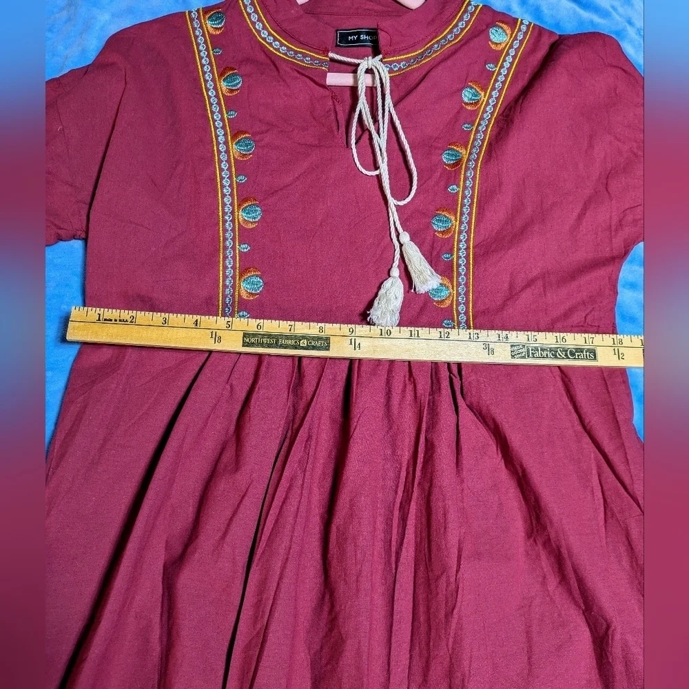 Boho Embroidered Burgundy Peasant Mini Dress Floral Sleeve Festival‎ Cottagecore - Picture 8 of 11